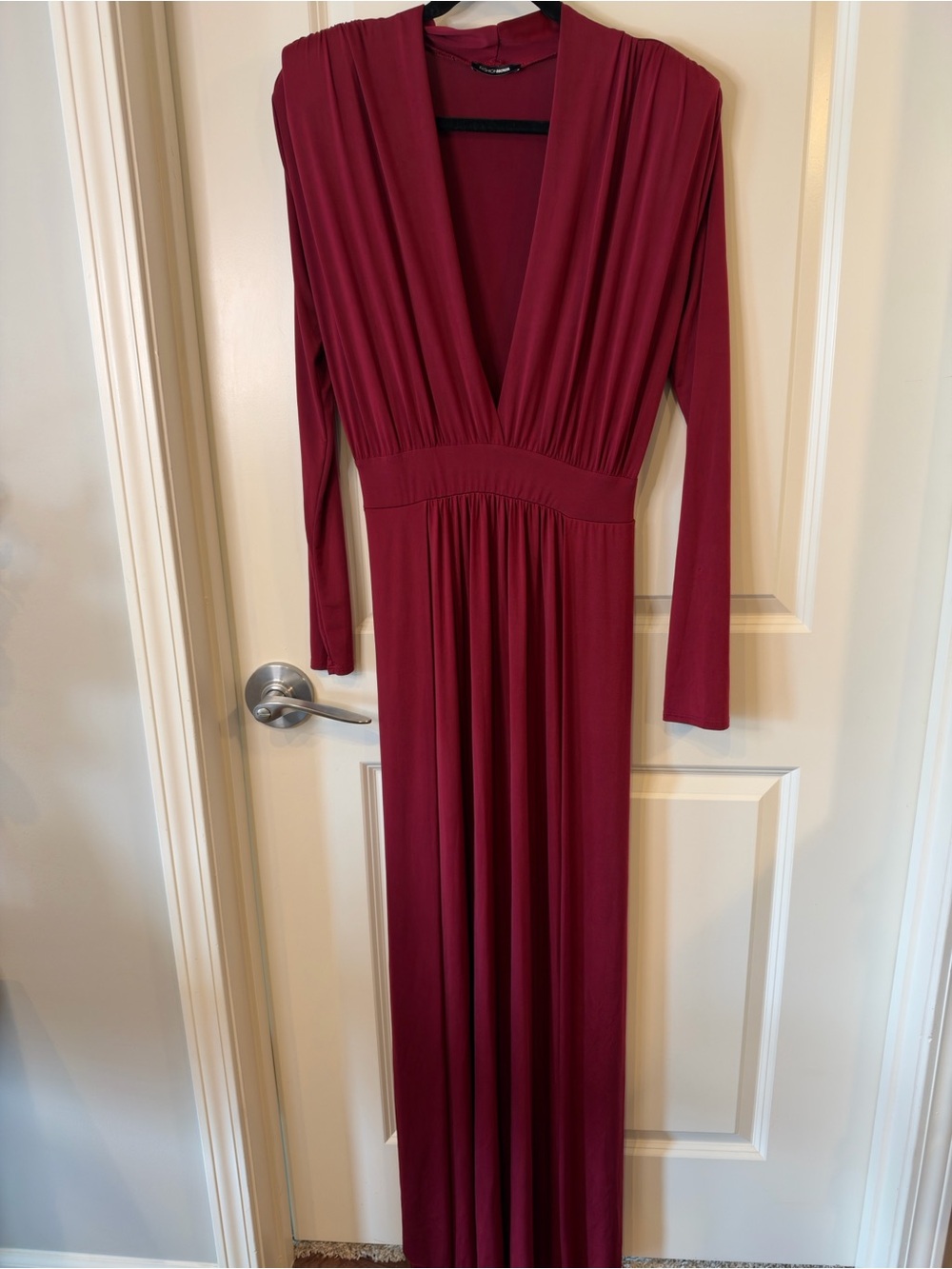 Fashion Nova Burgundy Plunge Neck Maxi Dress with High Slit